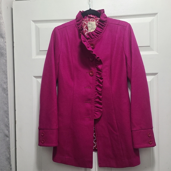 Tulle Anthropologie Fuchia Pink Wool Blend Ruffle‎ Button Front Coat Preppy S - Picture 1 of 13